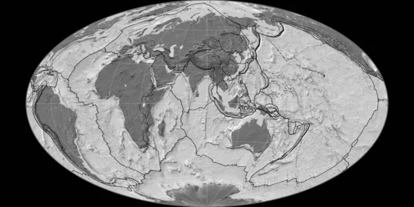 World map in the Hammer Oblique projection centered on 90 East longitude. Bilevel topographic map - composite of raster with graticule and tectonic plates borders. 3D illustration