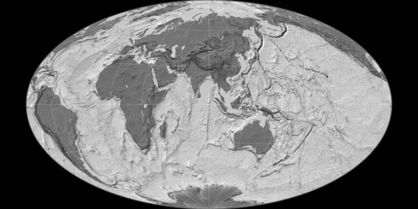 World map in the Hammer Oblique projection centered on 90 East longitude. Bilevel topographic map - raw composite of raster with graticule. 3D illustration