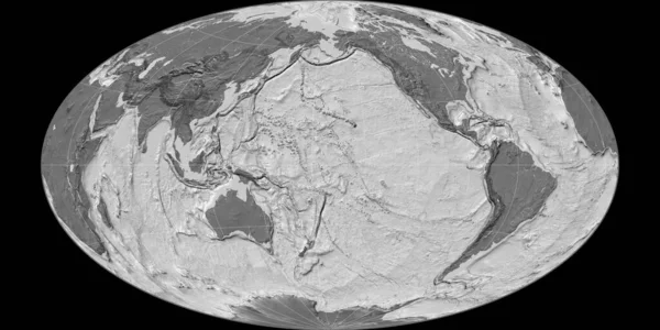 World map in the Hammer Oblique projection centered on 170 West longitude. Bilevel topographic map - raw composite of raster with graticule. 3D illustration