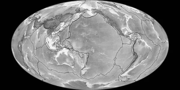 西の経度170度を中心としたハマー オブリーク プロジェクションの世界地図 グレースケール標高マップ 粒状プレートと地殻プレートの境界とラスターの複合体 3Dイラスト — ストック写真