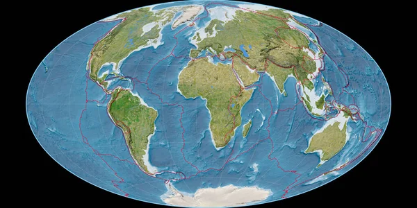 World map in the Hammer Oblique projection centered on 11 East longitude. Satellite imagery B - composite of raster with graticule and tectonic plates borders. 3D illustration