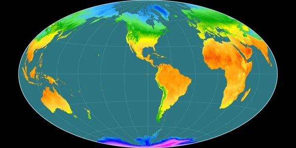 锤斜投影中的世界地图以西经90度为中心 平均年温度图 具有满意性能的栅格原料复合材料 3D插图 — 图库照片