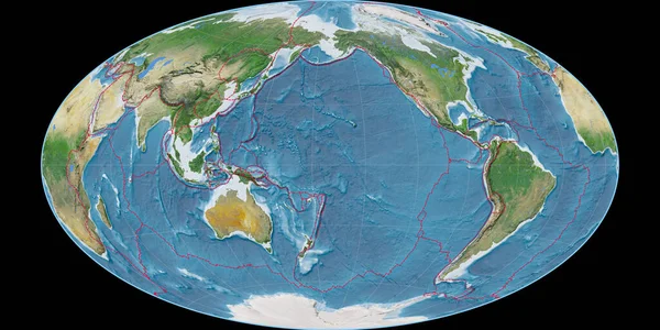 西の経度170度を中心としたハマー オブリーク プロジェクションの世界地図 主な写真地形の特徴 格子プレートと地殻プレートの境界とラスターの複合体 3Dイラスト — ストック写真