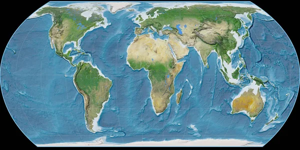 東経11度を中心とした波多野投影の世界地図 衛星画像A 粒状のラスターの生の複合体 3Dイラスト — ストック写真