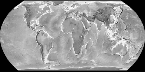 東経11度を中心とした波多野投影の世界地図 グレースケール標高地図 グレースケールとラスターの生の複合体 3Dイラスト — ストック写真