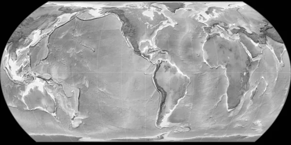 90西経度を中心とした波多野投影の世界地図 グレースケール標高地図 グレースケールとラスターの生の複合体 3Dイラスト — ストック写真