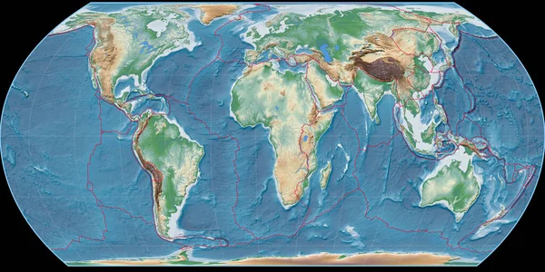 Světová Mapa Hatanově Projekci Soustřeďuje Východní Délky Barevné Stínítko Výšková — Stock fotografie