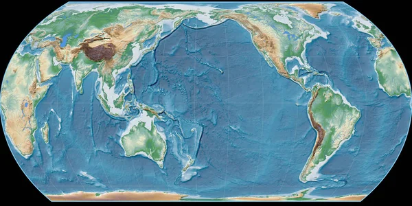 鸟野投影的世界地图以西经170度为中心 彩色着色着色机 高程地图原生的光栅与满意的复合材料 3D插图 — 图库照片