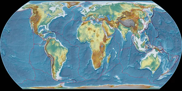 Världskartan Hatanoprojektionen Centrerad Östlig Longitud Topografisk Relief Karta Komposit Raster — Stockfoto