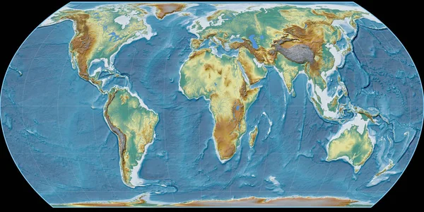 Wereldkaart Hatano Projectie Gecentreerd Oostelijke Lengtegraad Topografische Reliëfkaart Rauwe Composiet — Stockfoto