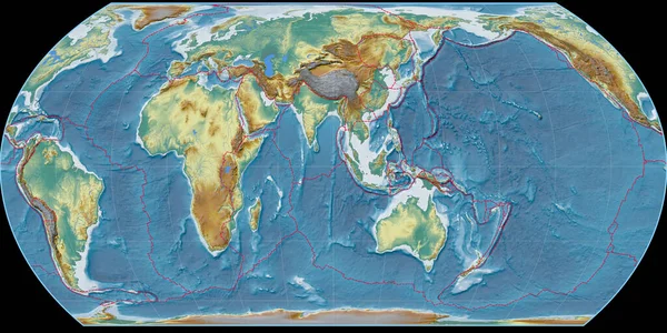 Světová Mapa Hatanově Projekci Soustřeďuje Východní Délky Topografická Reliéfní Mapa — Stock fotografie
