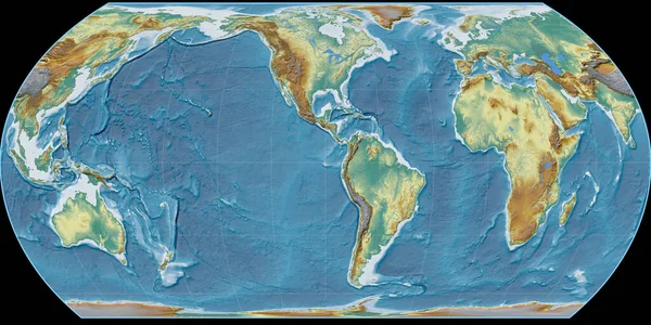 Mapa Świata Projekcji Hatano Skupiona Zachodniej Długości Geograficznej Topograficzna Mapa — Zdjęcie stockowe