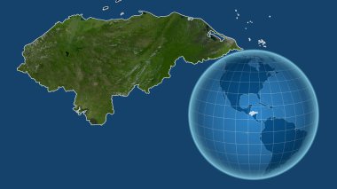 Honduras. Yakınlaştırılmış haritaya karşı ülkenin şekline sahip dünya mavi arka planda izole edilmiş. uydu resimleri