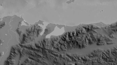 Atlantida, Honduras Departmanı. Gölleri ve nehirleri olan gri tonlu bir harita. Ülke alanına göre şekillendirilmiş. 3B görüntüleme