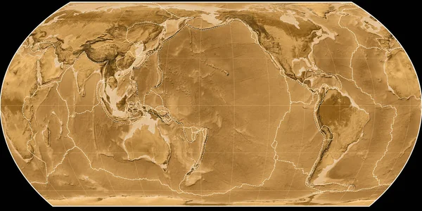 鸟野投影的世界地图以西经170度为中心 塞皮亚浅色的高程图 具有满意和构造板块边界的栅格组合物 3D插图 — 图库照片