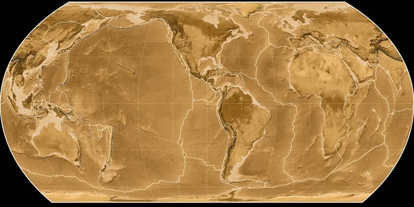 鸟野投影的世界地图以西经90度为中心 塞皮亚浅色的高程图 具有满意和构造板块边界的栅格组合物 3D插图 — 图库照片