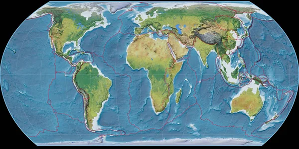 Mapa Mundo Projeção Hatano Centrado Longitude Leste Principais Características Fisiográficas — Fotografia de Stock