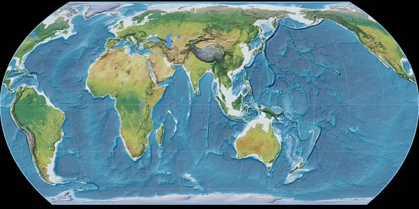 World map in the Hatano projection centered on 90 East longitude. Main physiographic landscape features - raw composite of raster with graticule. 3D illustration