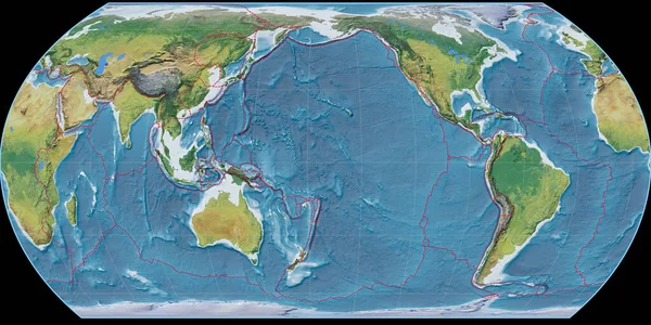 西経度170度を中心とした波多野投影の世界地図 主な写真地形の特徴 格子プレートと地殻プレートの境界とラスターの複合体 3Dイラスト — ストック写真