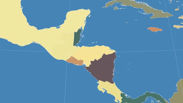 洪都拉斯及其邻国 距离偏斜的视角 没有轮廓 行政区划的彩色地图 — 图库照片