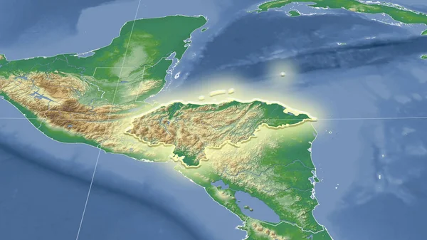 Honduras Jego Okolica Daleka Perspektywa Ukośna Kształt Świecił Kolor Mapa — Zdjęcie stockowe