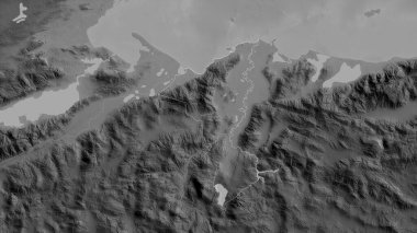 Cortes, Honduras Departmanı. Gölleri ve nehirleri olan gri tonlu bir harita. Ülke alanına göre şekillendirilmiş. 3B görüntüleme