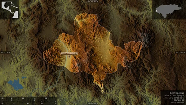Ocotepeque 洪都拉斯省 五彩斑斓的湖泊和河流 以信息覆盖的形式呈现在其国家区域上 3D渲染 — 图库照片
