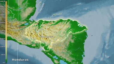 Honduras bölgesinde, efsanevi stereografik projeksiyondaki fiziksel harita - ana bileşim