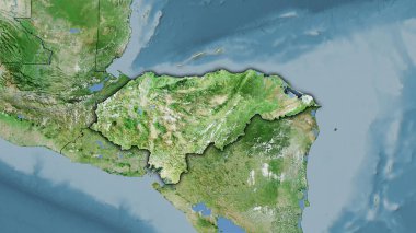 Uydu üzerindeki Honduras bölgesi stereografik projeksiyondaki D haritası - koyu parlak dış hatlı raster tabakalarının ham bileşimi