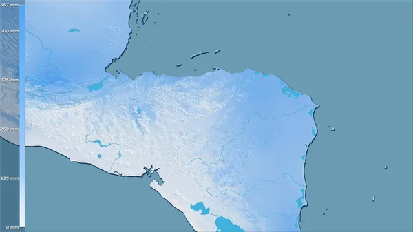 洪都拉斯地区内最干旱的地区在立体投影中的降水量与传说 栅格层的原始成分 — 图库照片