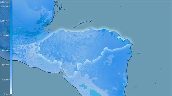 洪都拉斯地区内立体图投影最温暖的地区的降水 明亮轮廓的栅格层的原始成分 — 图库照片