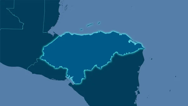立体投影中的实心地图上的洪都拉斯区域 具有发光轮廓的栅格层的原始成分 — 图库照片