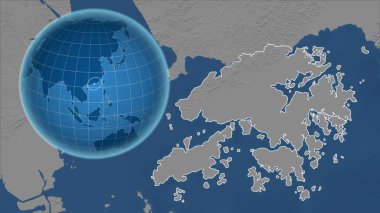 Hong Kong. Zoom haritasına karşı ülkenin şekline sahip bir dünya. Gri tonlama yükseklik haritası