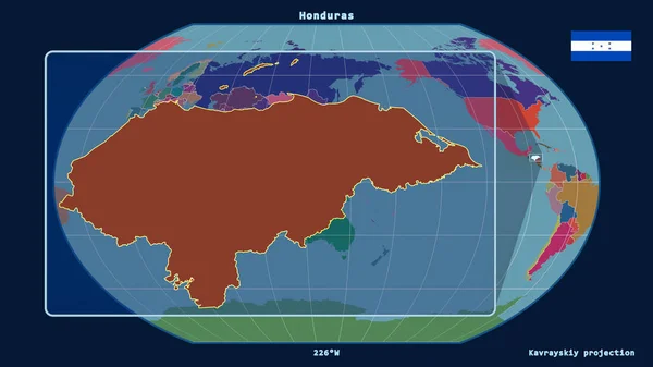 Zoomed Widok Hondurasu Zarys Linii Perspektywy Wobec Globalnej Mapy Projekcji — Zdjęcie stockowe