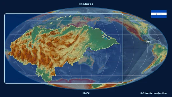 Zoomed-in view of Honduras outline with perspective lines against a global map in the Mollweide projection. Shape on the left side. topographic relief map