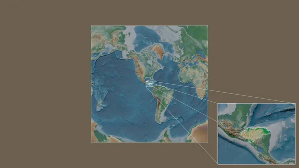 从世界大比例尺地图中提取出的洪都拉斯扩大和扩大的地区 其主要线连接了框架的各个角落 彩色物理图 — 图库照片