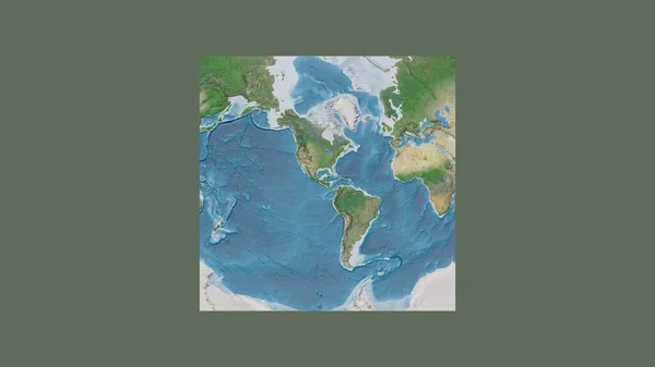 Square frame of the large-scale map of the world in an oblique Van der Grinten projection centered on the territory of Honduras. Satellite imagery