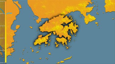 Mean temperature of warmest quarter within the Hong Kong area in the stereographic projection with legend - raw composition of raster layers with dark glowing outline clipart