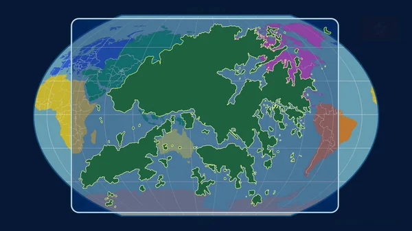 Увеличенный Вид Гонконга Перспективными Линиями Против Глобальной Карты Каврайской Проекции — стоковое фото