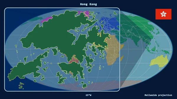 香港のアウトラインを視野に入れた拡大表示で Mollweide予測ではグローバルマップに対する視点線が表示されます 左側の形 大陸のカラーマップ — ストック写真