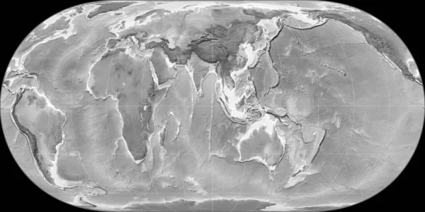 90の東の経度を中心としたHufnagel予測の世界地図 グレースケール標高地図 グレースケールとラスターの生の複合体 3Dイラスト — ストック写真