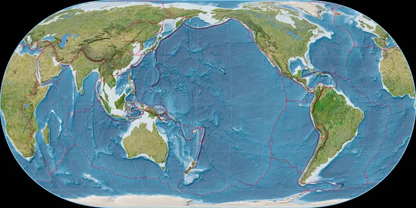 Карта Мира Проекции Хафнагеля Сосредоточена 170 Западной Долготе Спутниковые Снимки — стоковое фото