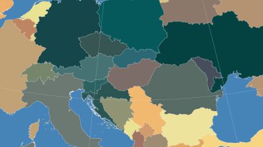 Macaristan ve komşuları. Uzak eğimli perspektif - özet yok. idari bölümlerin renk haritası