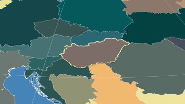 Macaristan ve komşuları. Uzak eğimli perspektif - şekil çizilmiş. idari bölümlerin renk haritası