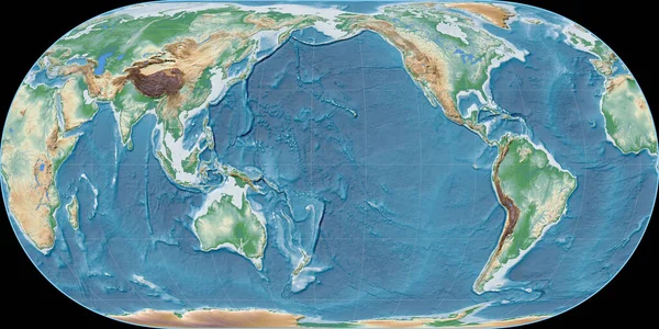 Mapa Del Mundo Proyección Hufnagel Centrado 170 Longitud Oeste Sombreado —  Fotos de Stock