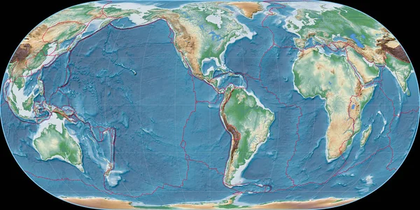 Mapa Świata Projekcji Hufnagel Skupiona Zachodniej Długości Geograficznej Kolorowy Zacieniacz — Zdjęcie stockowe