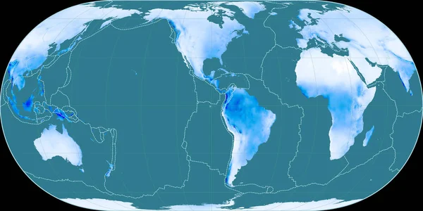 休格尔投影中的世界地图以西经90度为中心 年平均降水图 具有满意边界和构造板块边界的栅格组合图 3D插图 — 图库照片