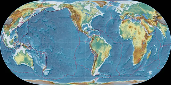 Světová Mapa Hufnagelově Projekci Soustředila Západní Délky Topografická Reliéfní Mapa — Stock fotografie