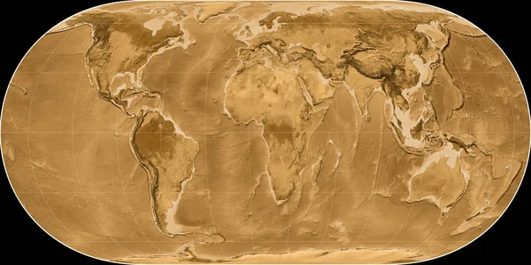 休格尔投影中的世界地图以东经11度为中心 塞皮亚着色的高程图 光栅与满意的原始复合材料 3D插图 — 图库照片