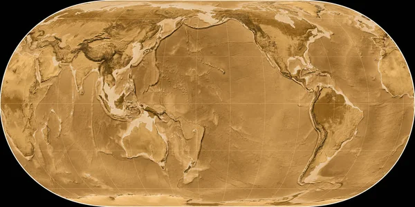 休格尔投影中的世界地图以西经170度为中心 塞皮亚着色的高程图 光栅与满意的原始复合材料 3D插图 — 图库照片
